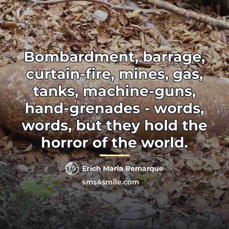 “Bombardment, barrage, curtain-fire, mines, gas, tanks, machine-guns, hand-grenades - words,…” quote by Erich Maria Remarque
