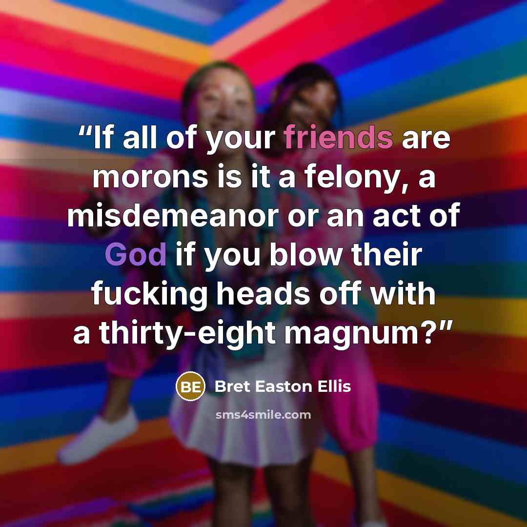 “If all of your friends are morons is it a felony, a misdemeanor or an act of God if you blow their fucking heads off with a thirty-eight magnum?” quote by Bret Easton Ellis