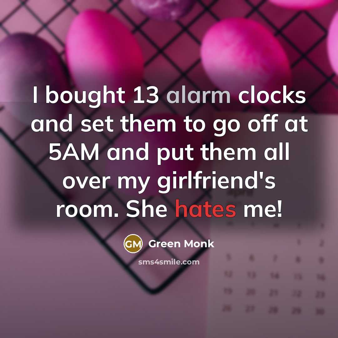 “I bought 13 alarm clocks and set them to go off at 5AM and put them all over my girlfriend's room. She hates me!” quote by Green Monk