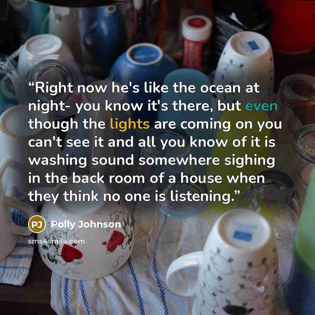 “Right now he's like the ocean at night- you know it's there, but even though the lights are coming on you can't see it and all you know of it is washing sound somewhere sighing in the back room of a house when they think no one is listening.” quote by Polly Johnson