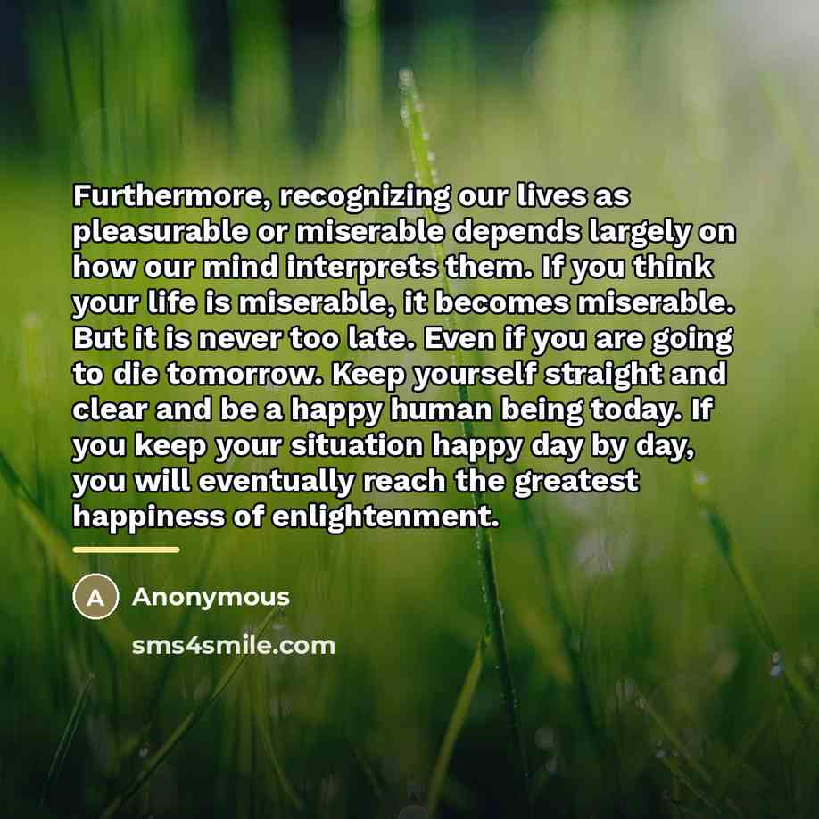 “Furthermore, recognizing our lives as pleasurable or miserable depends largely…” quote by Anonymous