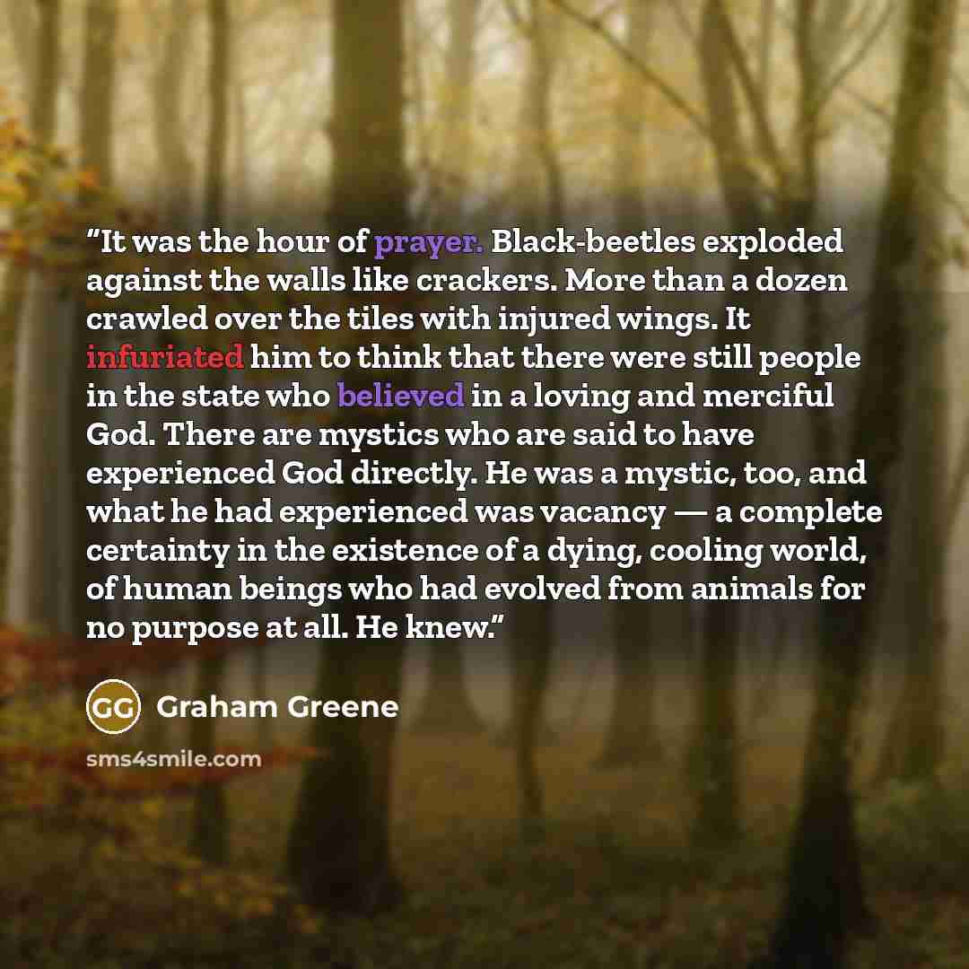 “It was the hour of prayer. Black-beetles exploded against the walls like crackers. More than a dozen crawled over the tiles with injured wings. It infuriated him to think that there were still people in the state who believed in a loving and merciful God. There are mystics who are said to have…” quote by Graham Greene