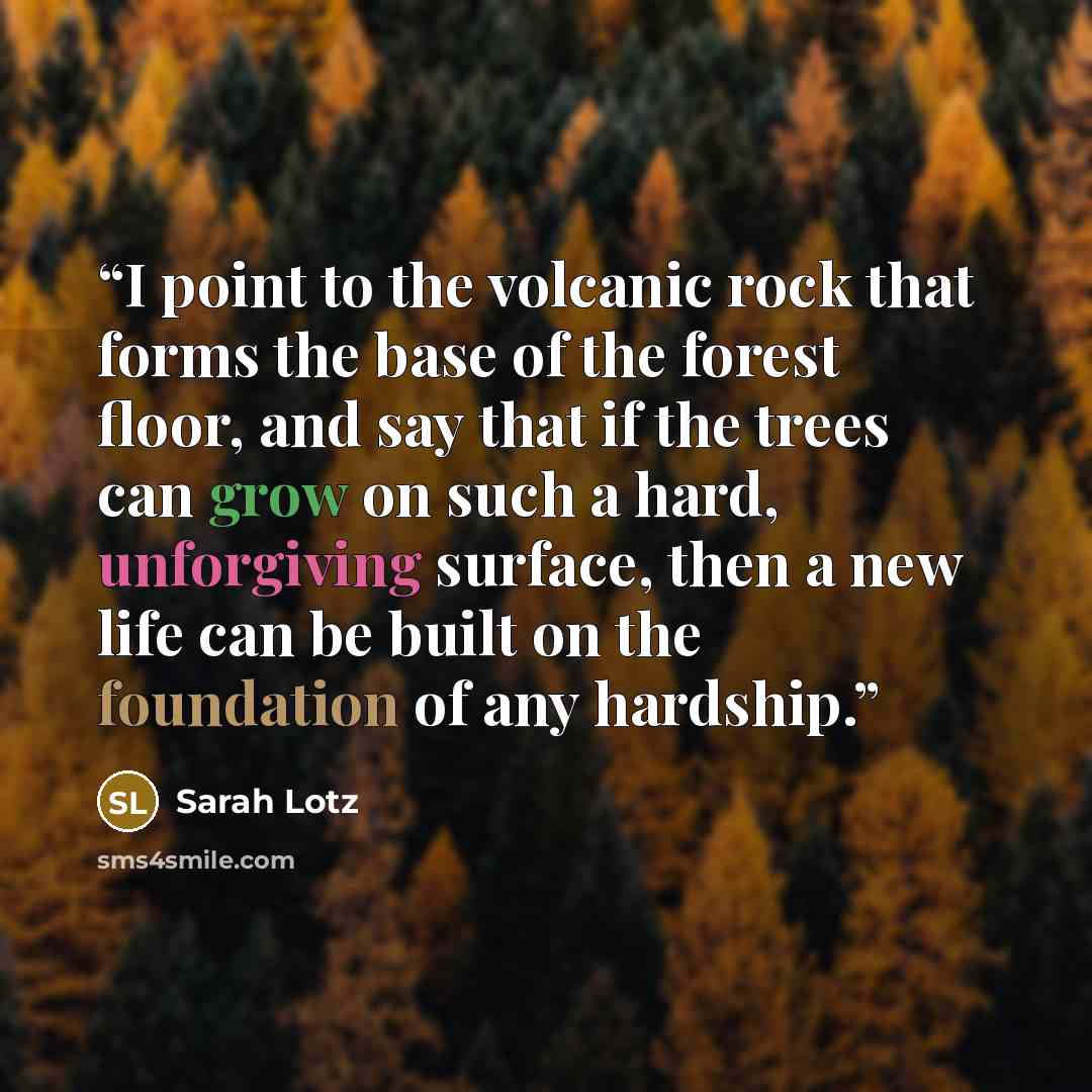 “I point to the volcanic rock that forms the base of the forest floor, and say that if the trees can grow on such a hard, unforgiving surface, then a new life can be built on the foundation of any hardship.” quote by Sarah Lotz