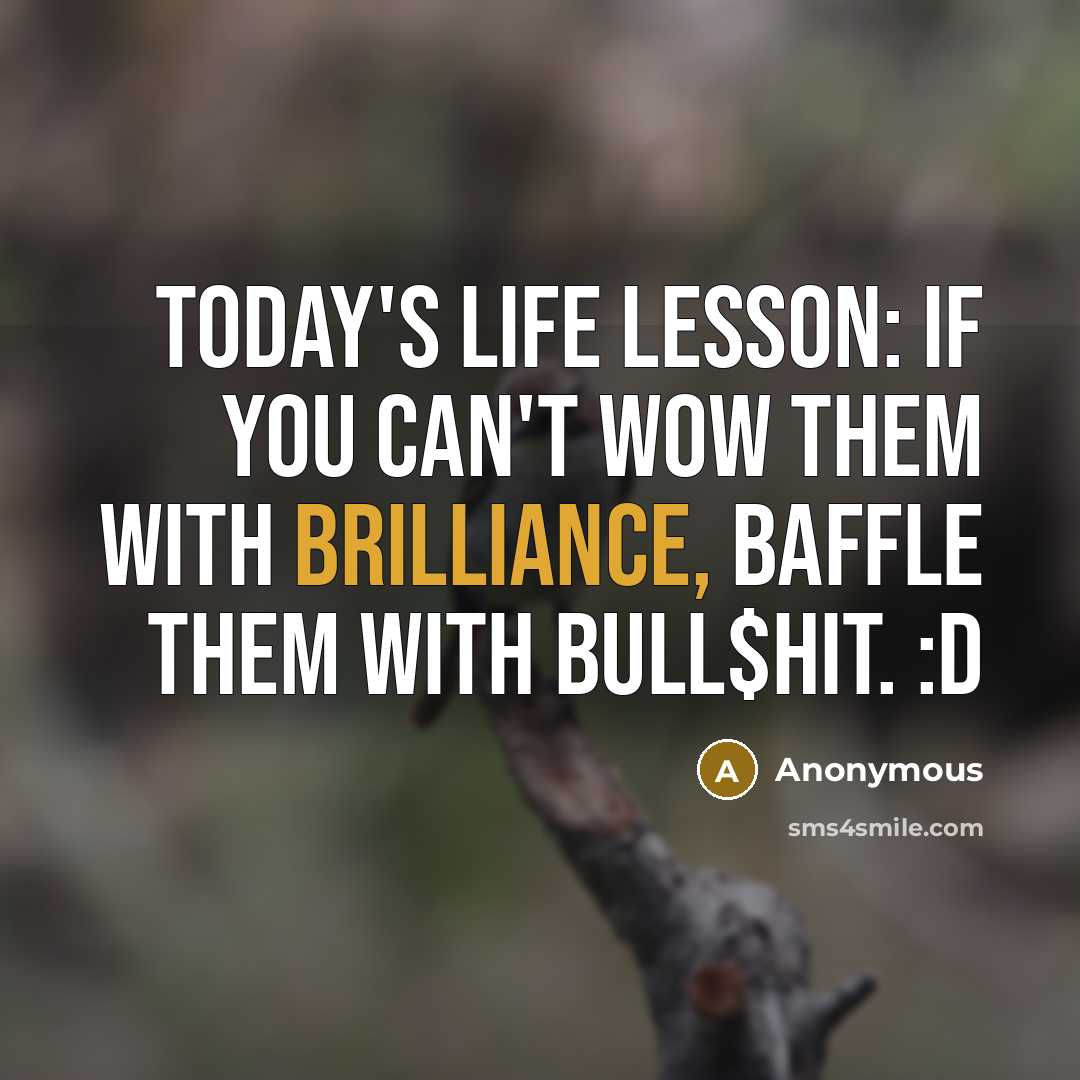 “Today's life lesson: If you can't wow them with brilliance, Baffle them with bull$hit. :D” quote by Anonymous