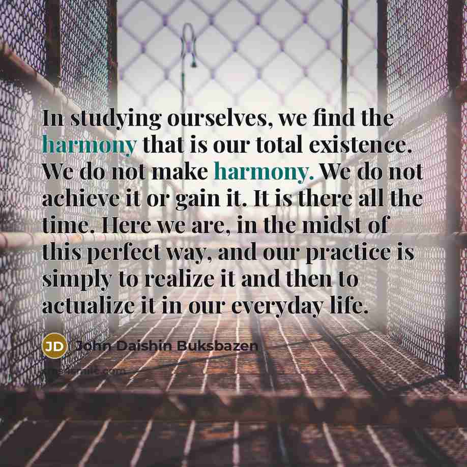 “In studying ourselves, we find the harmony that is our…” quote by John Daishin Buksbazen
