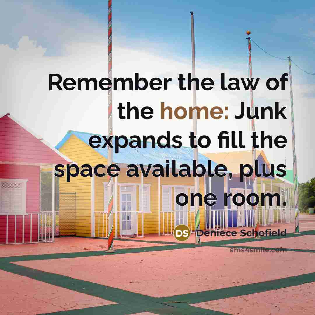 “Remember the law of the home: Junk expands to fill…” quote by Deniece Schofield