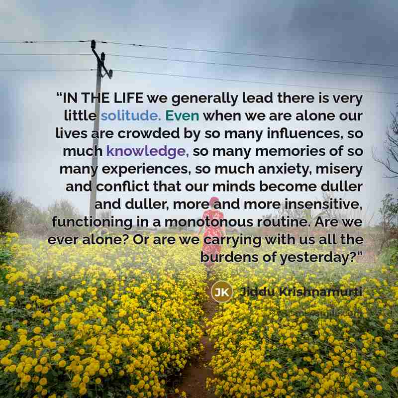 “IN THE LIFE we generally lead there is very little solitude. Even when we are alone our lives are crowded by so many influences, so much knowledge, so many memories of so many experiences, so much anxiety, misery and conflict that our minds become duller and duller, more and more insensitive…” quote by Jiddu Krishnamurti