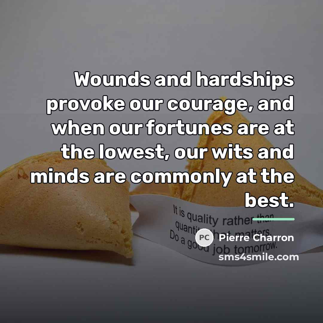 “Wounds and hardships provoke our courage, and when our fortunes…” quote by Pierre Charron