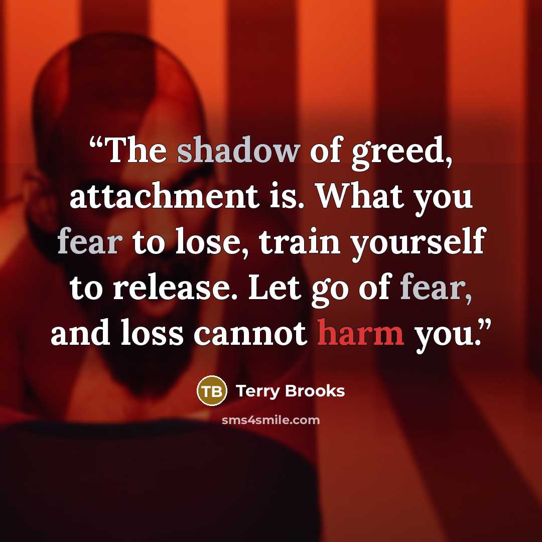 “The shadow of greed, attachment is. What you fear to lose, train yourself to release. Let go of fear, and loss cannot harm you.” quote by Terry Brooks
