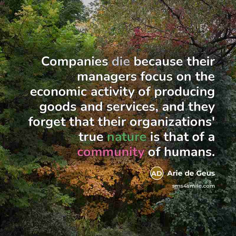 “Companies die because their managers focus on the economic activity…” quote by Arie de Geus