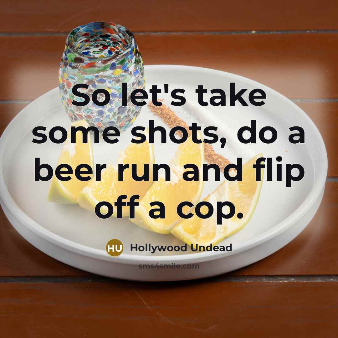 “So let's take some shots, do a beer run and flip off a cop.” quote by Hollywood Undead