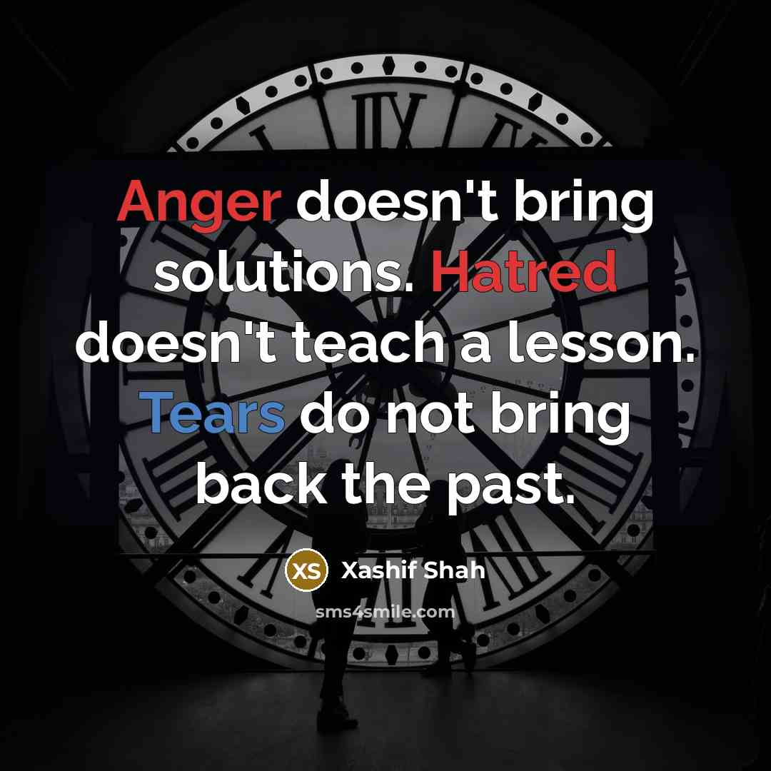 “Anger doesn't bring solutions. Hatred doesn't teach a lesson. Tears do not bring back the past.” quote by Xashif Shah
