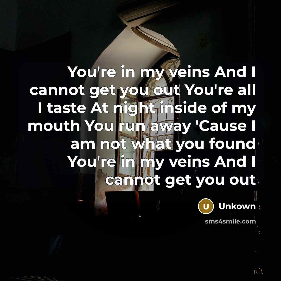 “You're in my veins And I cannot get you out You're all I taste At night inside of my mouth You run away 'Cause I am not what you found You're in my veins And I cannot get you out” quote by Unkown
