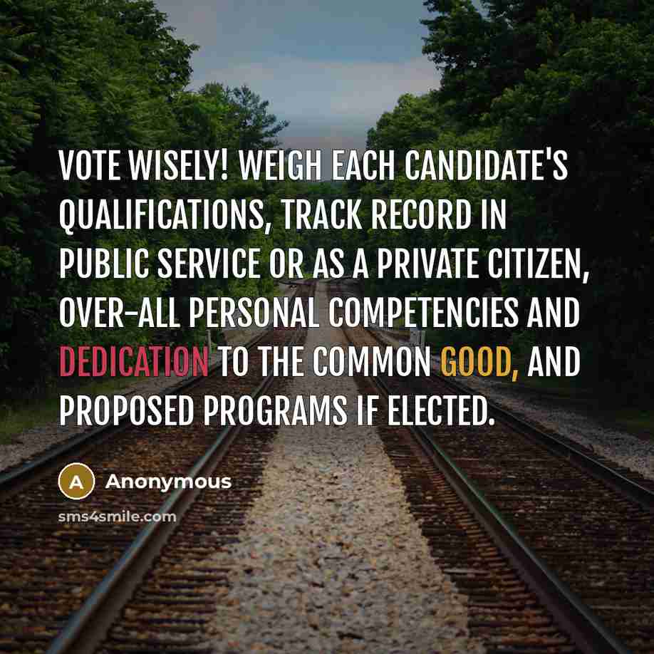“Vote wisely! Weigh each candidate's qualifications, track record in public service or as a private citizen, over-all personal competencies and dedication to the common good, and proposed programs if elected.” quote by Anonymous