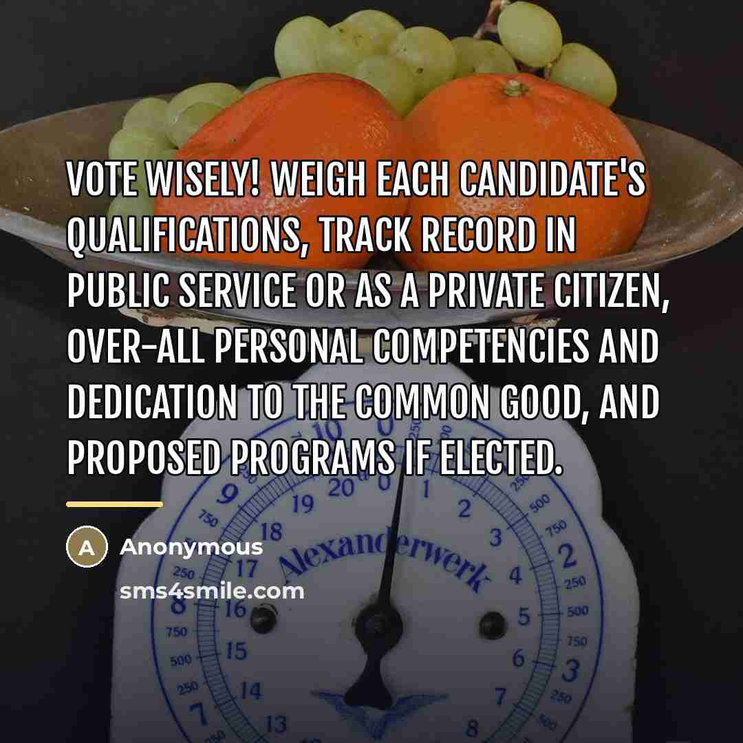“Vote wisely! Weigh each candidate's qualifications, track record in public…” quote by Anonymous