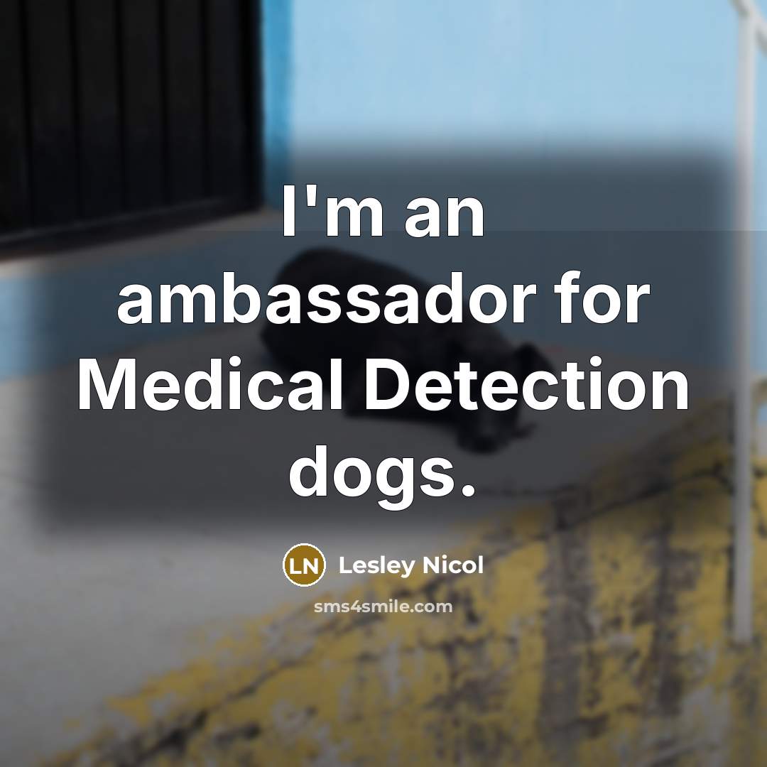 “I'm an ambassador for Medical Detection dogs.…” quote by Lesley Nicol