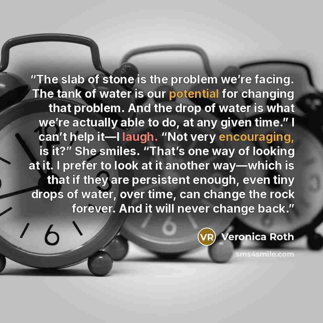 “The slab of stone is the problem we’re facing. The tank of water is our potential for changing that problem. And the drop of water is what we’re actually able to do, at any given time.” I can’t help it—I laugh. “Not very encouraging, is it?” She smiles. “That’s one way of looking at it. I prefer…” quote by Veronica Roth