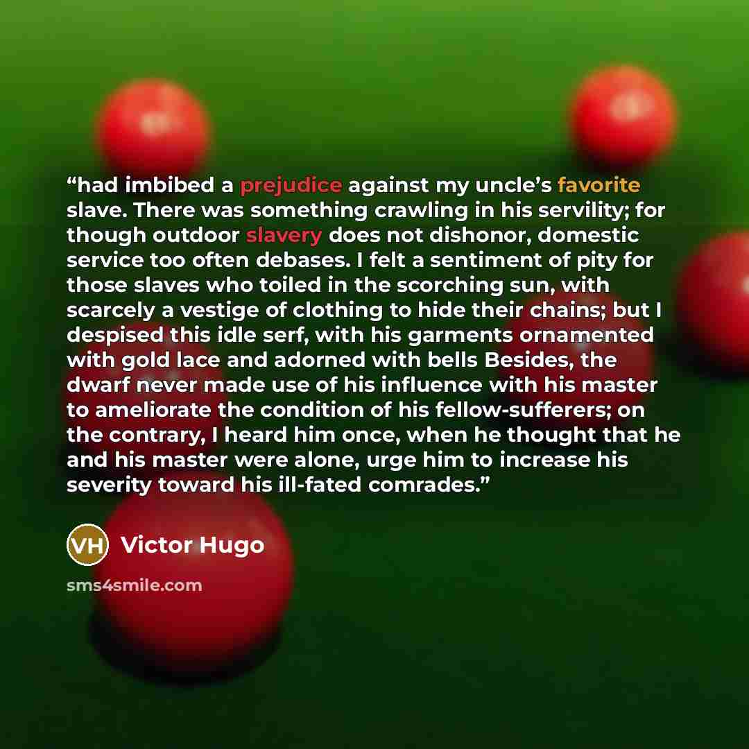 “had imbibed a prejudice against my uncle’s favorite slave. There was something crawling in his servility; for though outdoor slavery does not dishonor, domestic service too often debases. I felt a sentiment of pity for those slaves who toiled in the scorching sun, with scarcely a vestige of…” quote by Victor Hugo