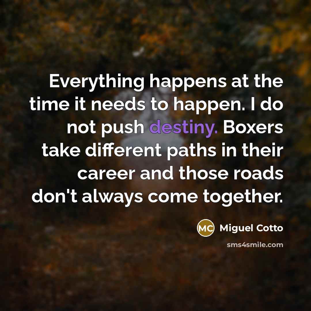 “Everything happens at the time it needs to happen. I…” quote by Miguel Cotto