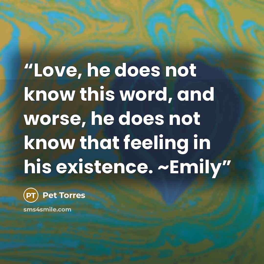 “Love, he does not know this word, and worse, he does not know that feeling in his existence. ~Emily” quote by Pet TorreS