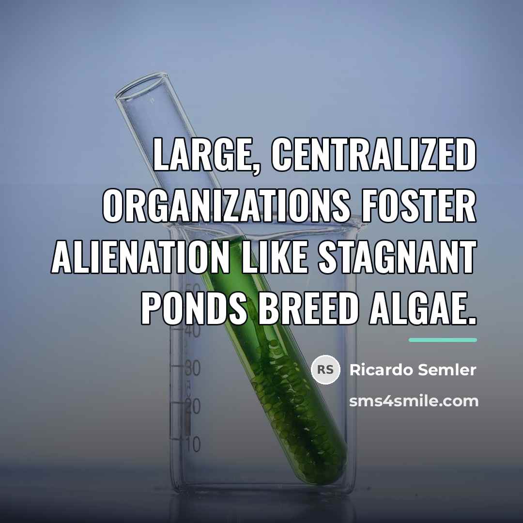 “Large, centralized organizations foster alienation like stagnant ponds breed algae.…” quote by Ricardo Semler