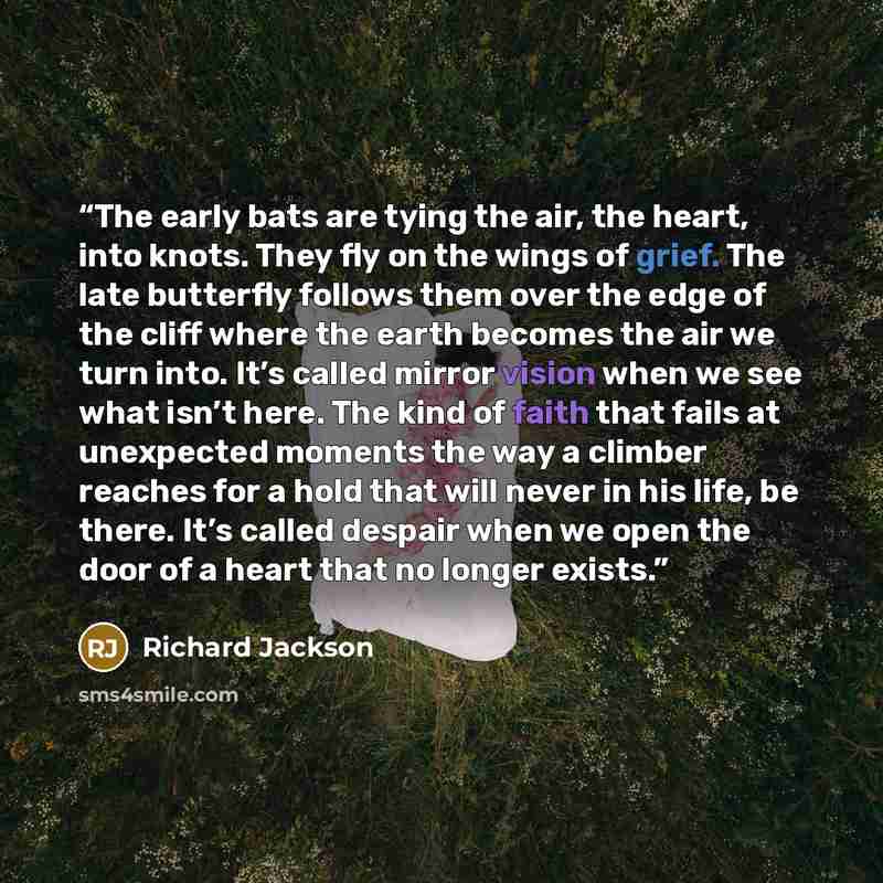 “The early bats are tying the air, the heart, into knots. They fly on the wings of grief. The late butterfly follows them over the edge of the cliff where the earth becomes the air we turn into. It’s called mirror vision when we see what isn’t here. The kind of faith that fails at unexpected…” quote by Richard Jackson