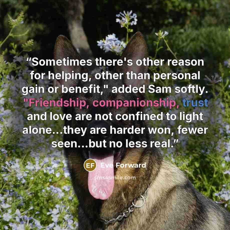 “Sometimes there's other reason for helping, other than personal gain or benefit," added Sam softly. "Friendship, companionship, trust and love are not confined to light alone...they are harder won, fewer seen...but no less real.” quote by Eve Forward