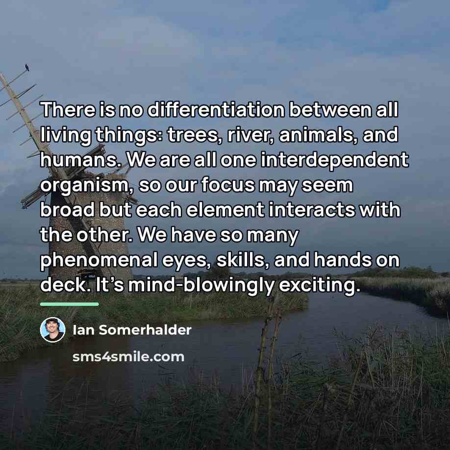 “There is no differentiation between all living things: trees, river,…” quote by Ian Somerhalder