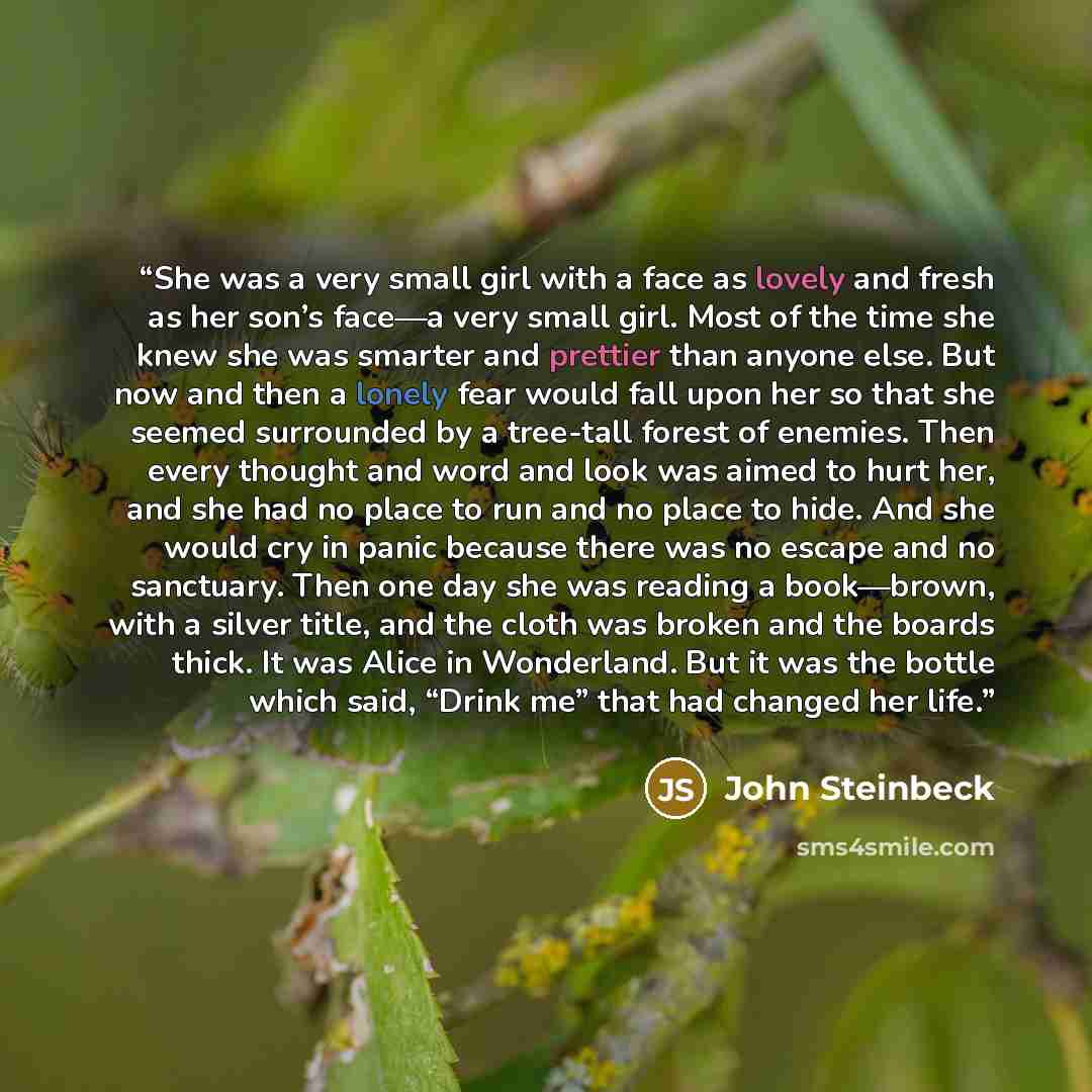 “She was a very small girl with a face as lovely and fresh as her son’s face—a very small girl. Most of the time she knew she was smarter and prettier than anyone else. But now and then a lonely fear would fall upon her so that she seemed surrounded by a tree-tall forest of enemies. Then every…” quote by John Steinbeck