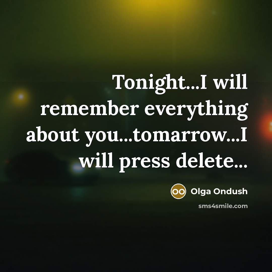 “Tonight...I will remember everything about you...tomarrow...I will press delete...” quote by Olga Ondush