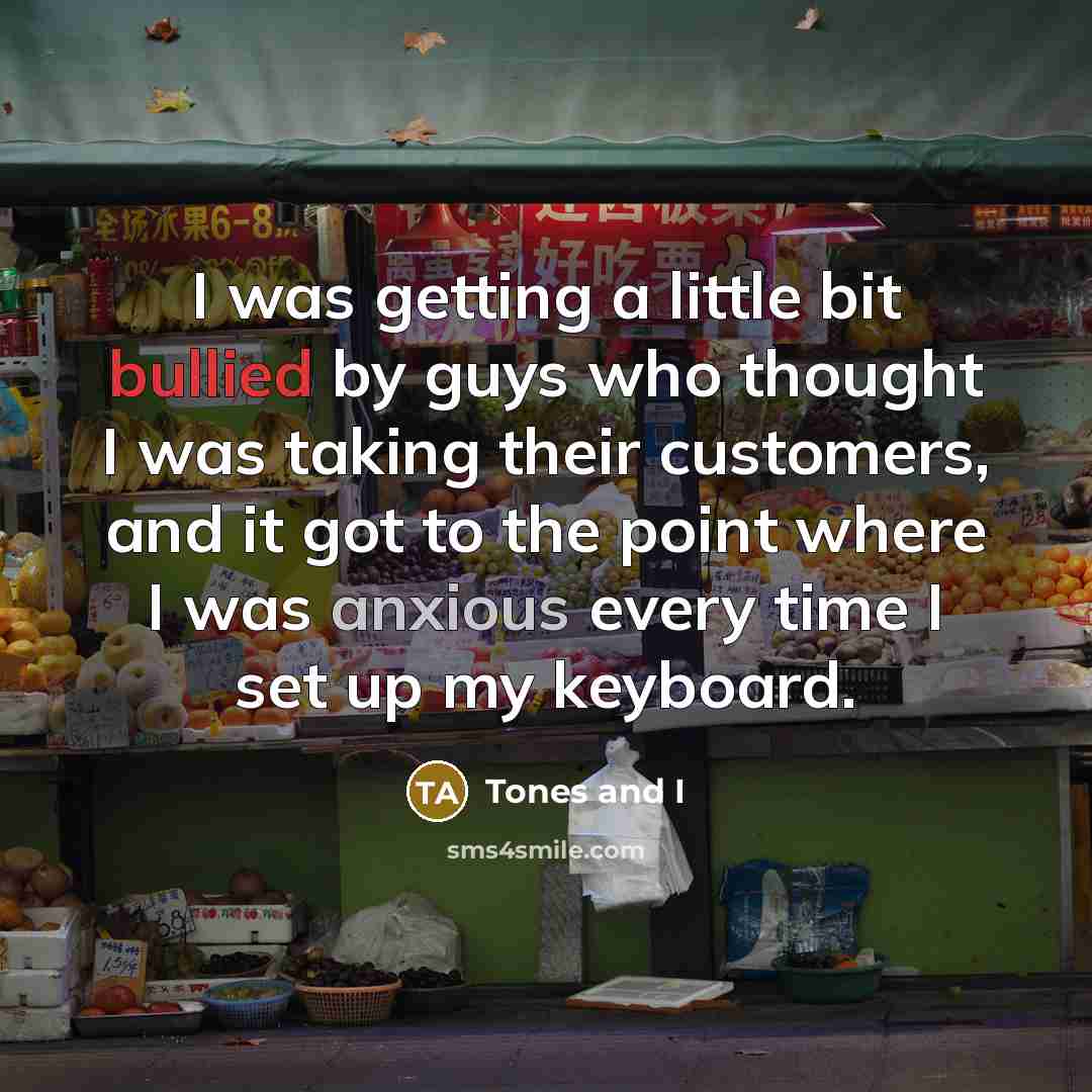 “I was getting a little bit bullied by guys who thought I was taking their customers, and it got to the point where I was anxious every time I set up my keyboard.” quote by Tones and I