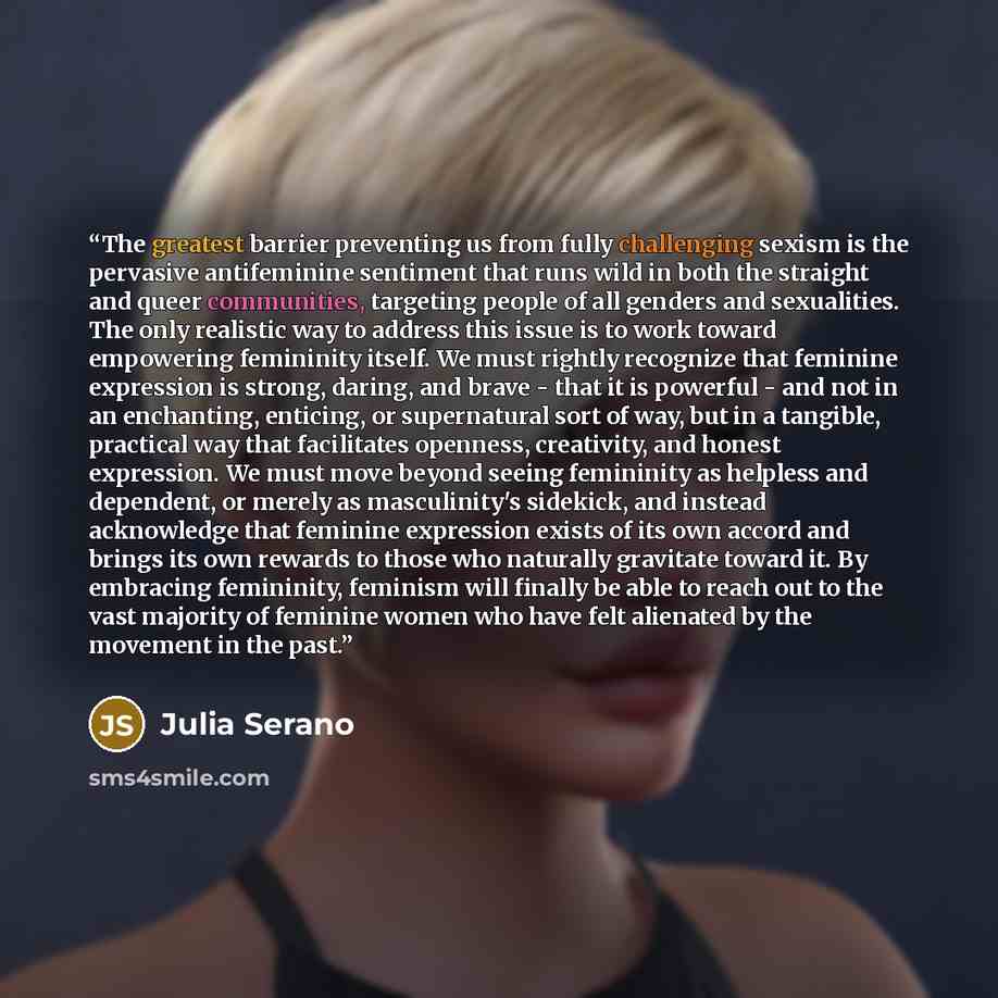 “The greatest barrier preventing us from fully challenging sexism is the pervasive antifeminine sentiment that runs wild in both the straight and queer communities, targeting people of all genders and sexualities. The only realistic way to address this issue is to work toward empowering femininity…” quote by Julia Serano