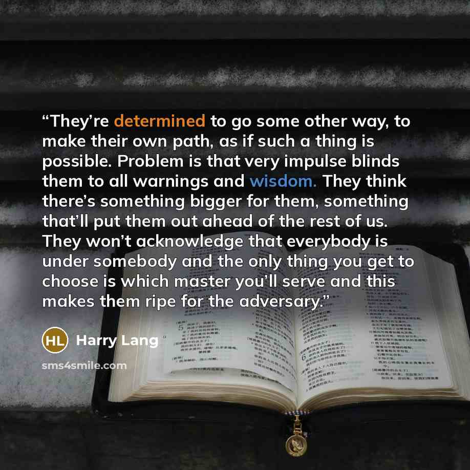 “They’re determined to go some other way, to make their own path, as if such a thing is possible. Problem is that very impulse blinds them to all warnings and wisdom. They think there’s something bigger for them, something that’ll put them out ahead of the rest of us. They won’t acknowledge that…” quote by Harry Lang