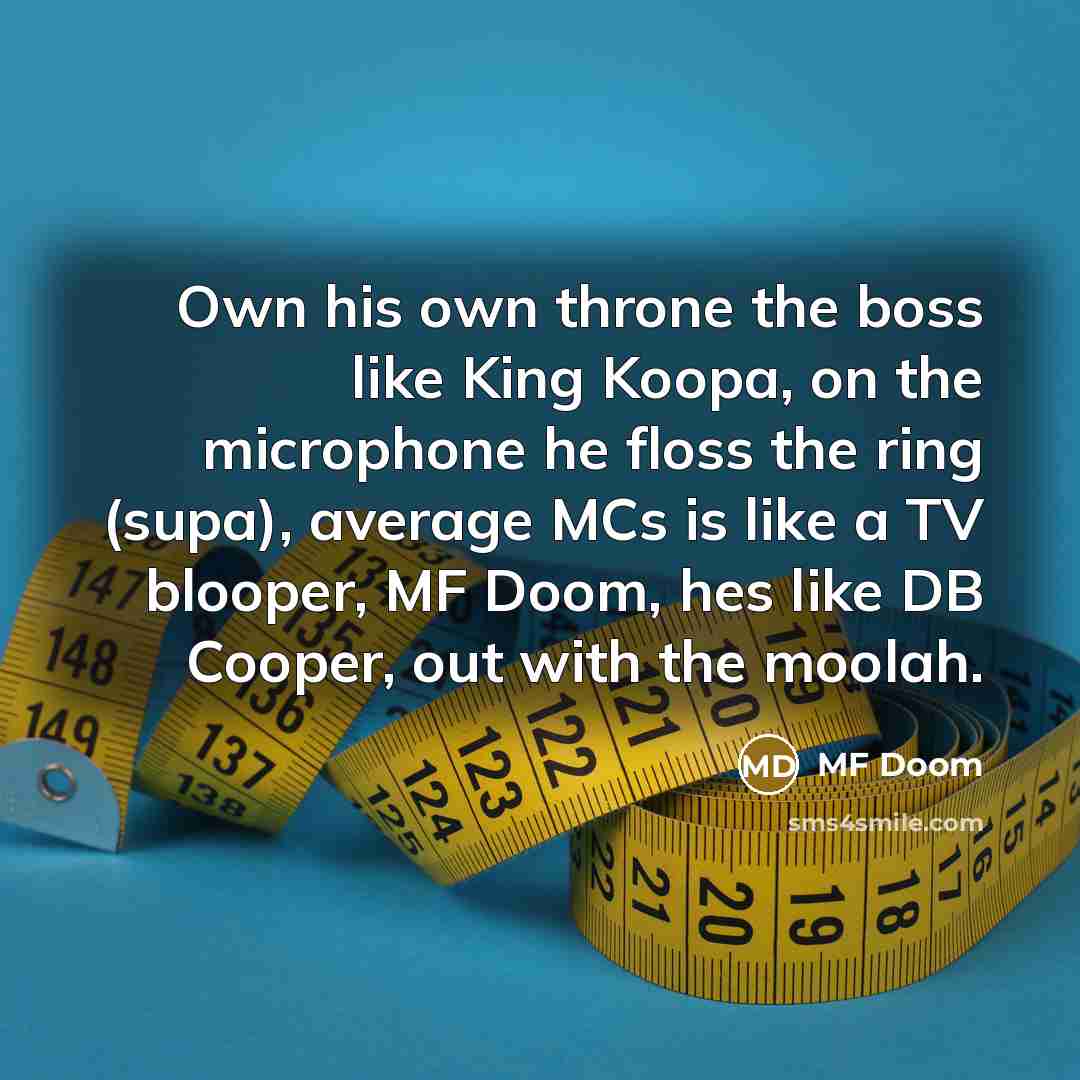 “Own his own throne the boss like King Koopa, on the microphone he floss the ring (supa), average MCs is like a TV blooper, MF Doom, hes like DB Cooper, out with the moolah.” quote by MF Doom