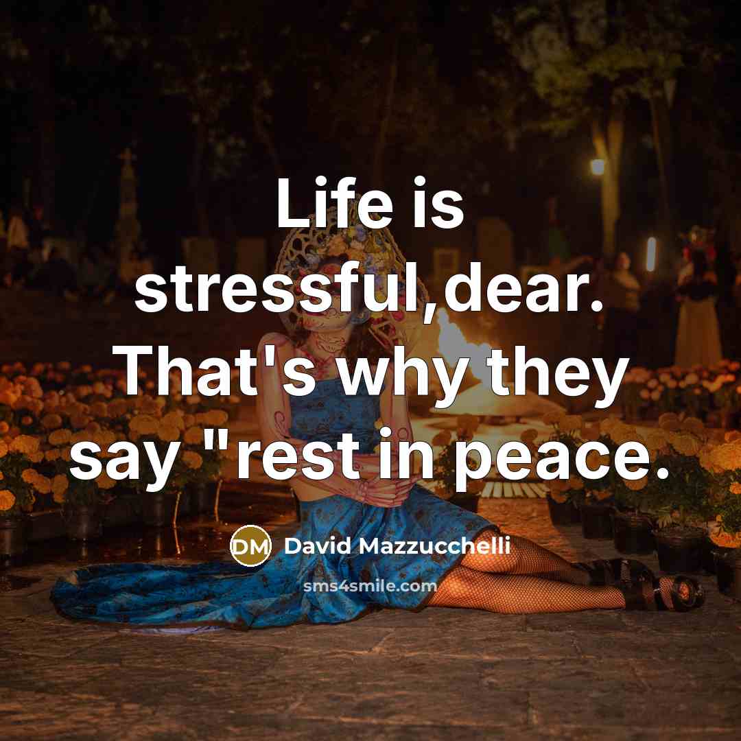 “Life is stressful,dear. That's why they say "rest in peace.…” quote by David Mazzucchelli