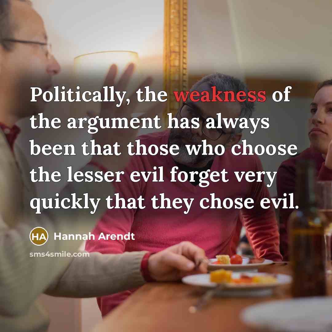 “Politically, the weakness of the argument has always been that…” quote by Hannah Arendt