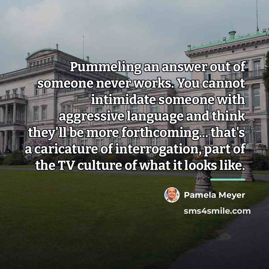 “Pummeling an answer out of someone never works. You cannot…” quote by Pamela Meyer