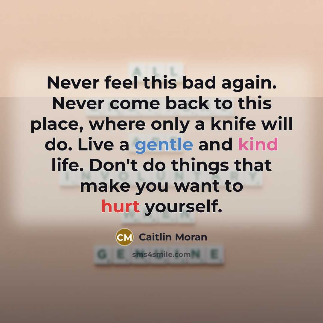 “Never feel this bad again. Never come back to this place, where only a knife will do. Live a gentle and kind life. Don't do things that make you want to hurt yourself.” quote by Caitlin Moran