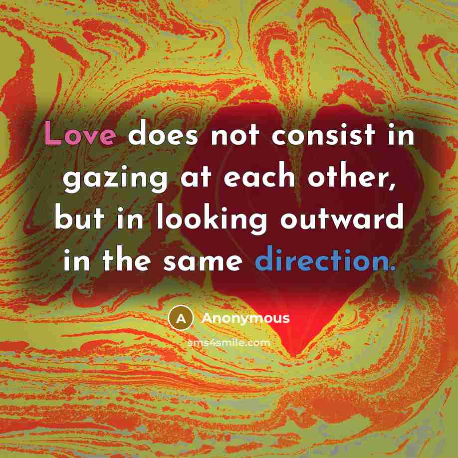 “Love does not consist in gazing at each other, but in looking outward in the same direction.” quote by Anonymous