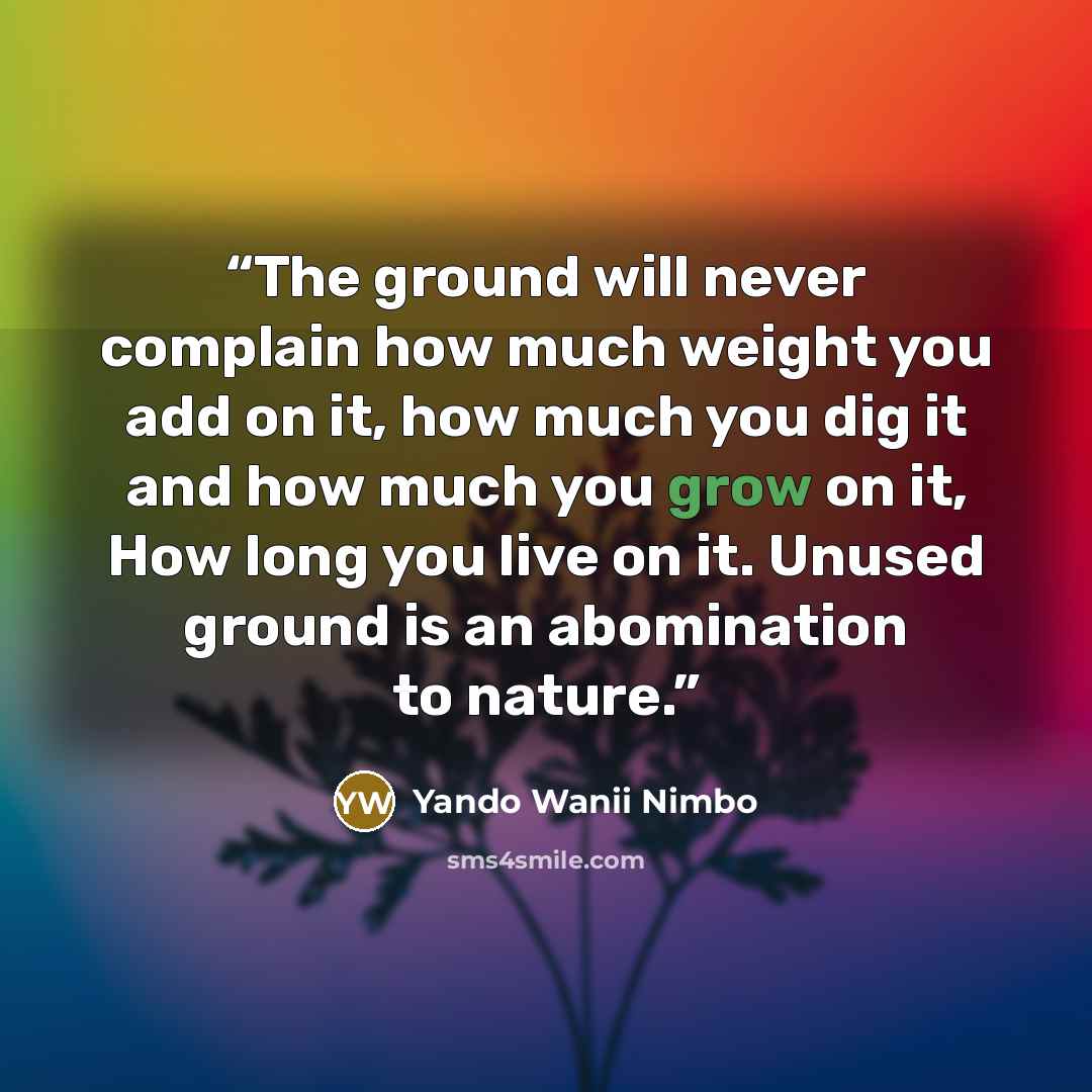 “The ground will never complain how much weight you add on it, how much you dig it and how much you grow on it, How long you live on it. Unused ground is an abomination to nature.” quote by Yando Wanii Nimbo
