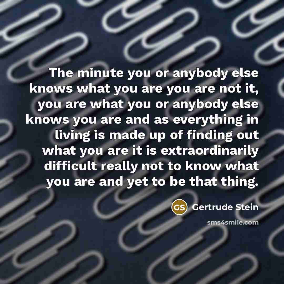 “The minute you or anybody else knows what you are…” quote by Gertrude Stein