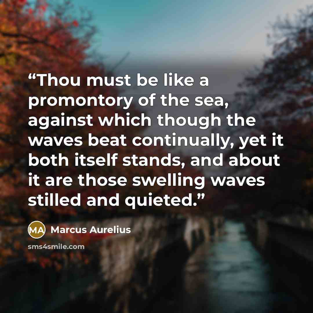 “Thou must be like a promontory of the sea, against which though the waves beat continually, yet it both itself stands, and about it are those swelling waves stilled and quieted.” quote by Marcus Aurelius