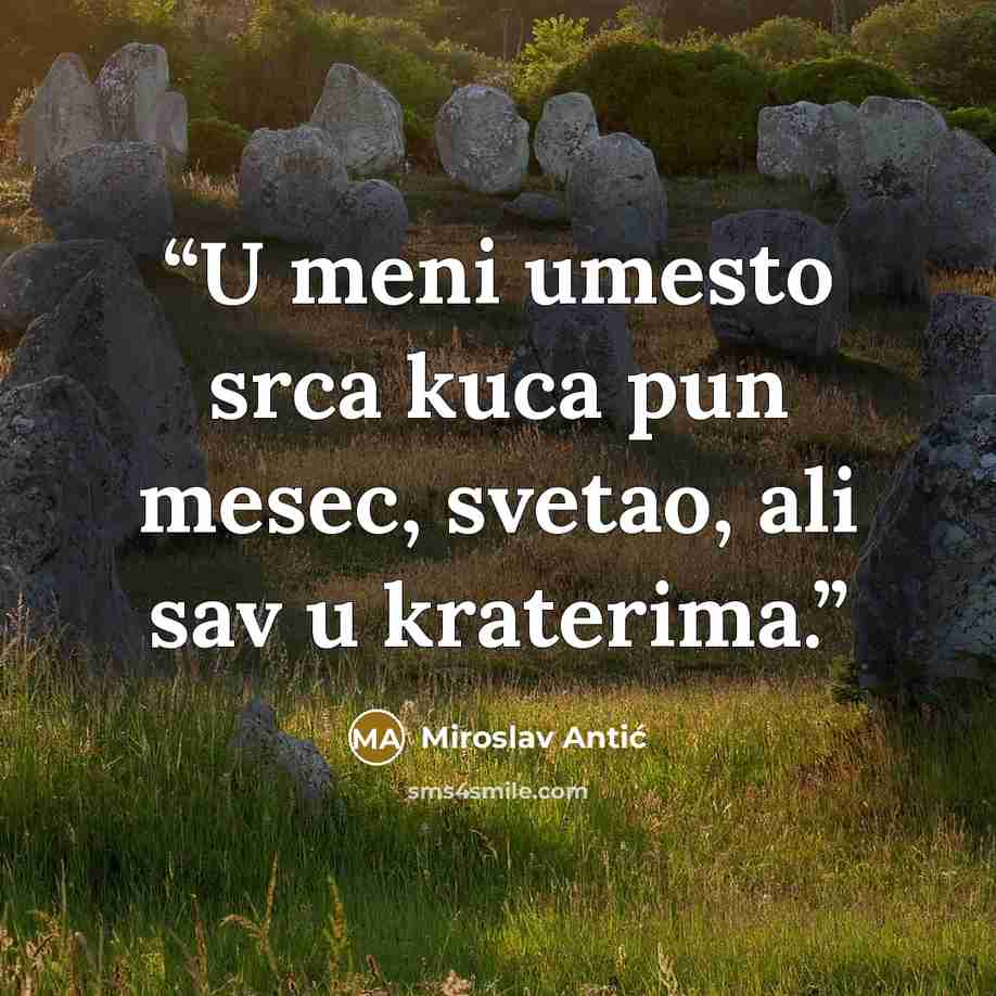 “U meni umesto srca kuca pun mesec, svetao, ali sav u kraterima.” quote by Miroslav Antić