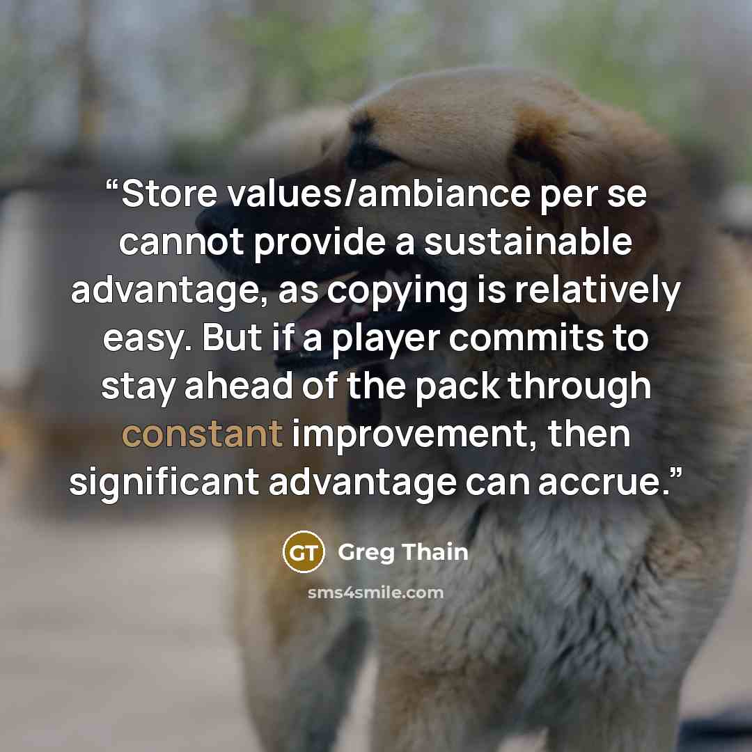 “Store values/ambiance per se cannot provide a sustainable advantage, as copying is relatively easy. But if a player commits to stay ahead of the pack through constant improvement, then significant advantage can accrue.” quote by Greg Thain