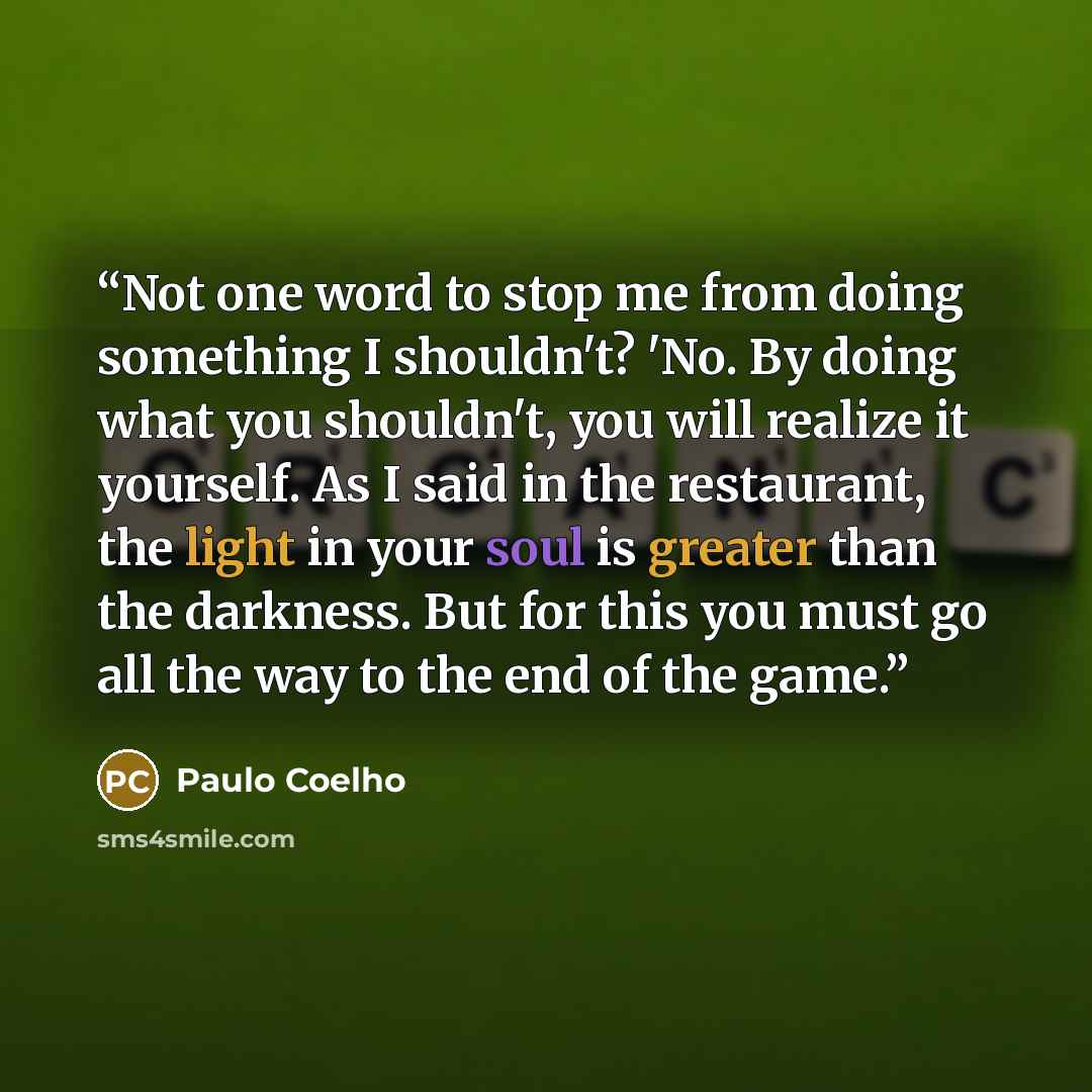 “Not one word to stop me from doing something I shouldn't? 'No. By doing what you shouldn't, you will realize it yourself. As I said in the restaurant, the light in your soul is greater than the darkness. But for this you must go all the way to the end of the game.” quote by Paulo Coelho