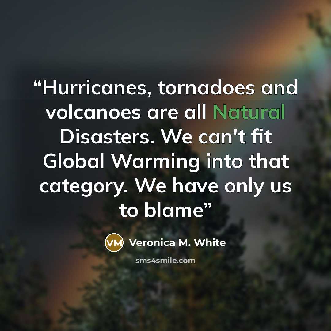 “Hurricanes, tornadoes and volcanoes are all Natural Disasters. We can't fit Global Warming into that category. We have only us to blame” quote by Veronica M. White