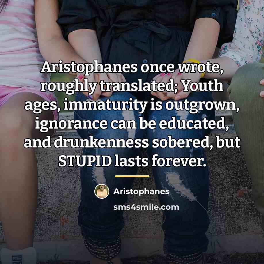 “Aristophanes once wrote, roughly translated; Youth ages, immaturity is outgrown,…” quote by Aristophanes
