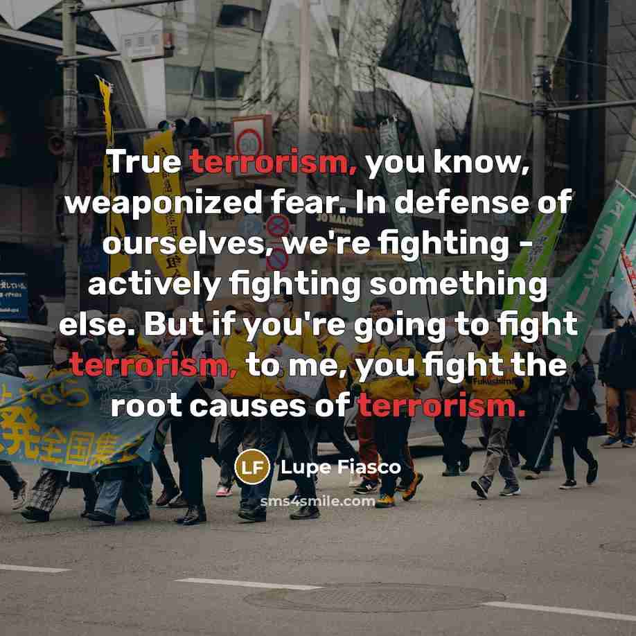 “True terrorism, you know, weaponized fear. In defense of ourselves,…” quote by Lupe Fiasco