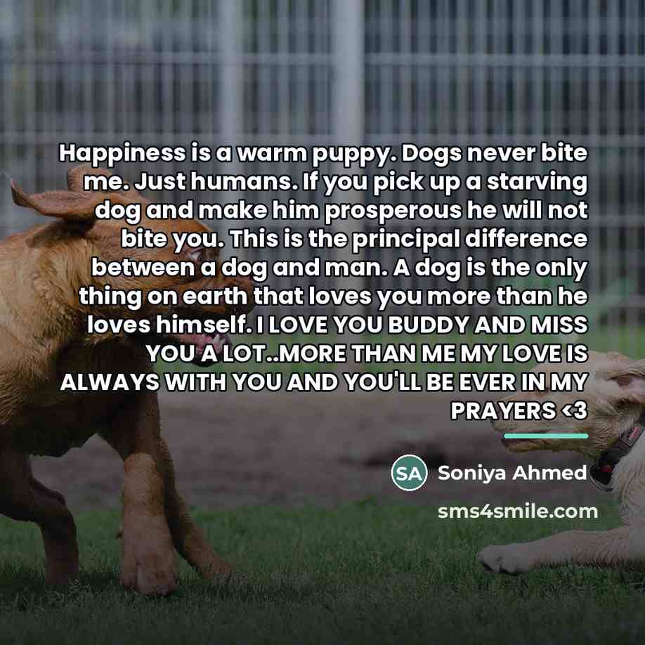 “Happiness is a warm puppy. Dogs never bite me. Just…” quote by Soniya Ahmed