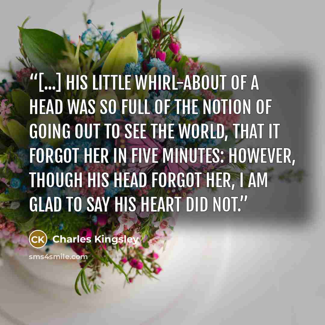 “[...] his little whirl-about of a head was so full of the notion of going out to see the world, that it forgot her in five minutes: however, though his head forgot her, I am glad to say his heart did not.” quote by Charles Kingsley